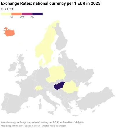 Exchange Rates: national currency per 1 EUR map, 2025