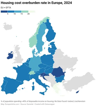 Housing cost overburden rate map in Europe, 2024