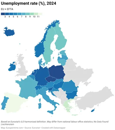 Unemployment rate map in Europe, 2024